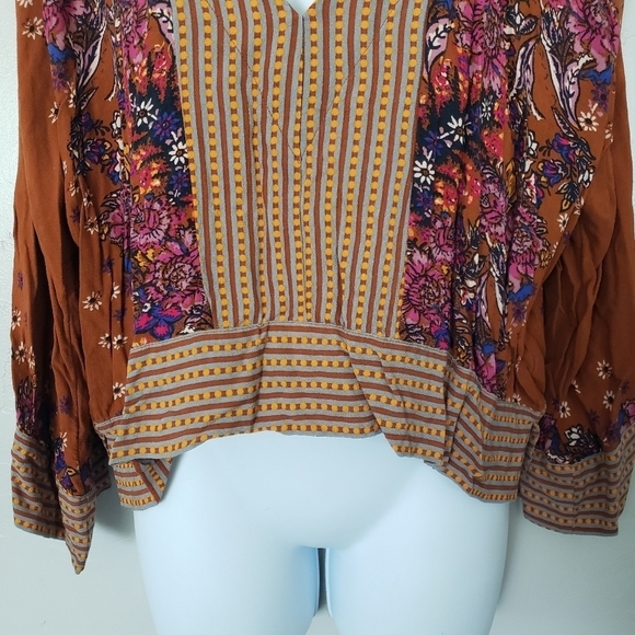 Free People Long Sleeve Cropped Blouse Boho Mustard Navy Orange Floral Fall Top - Picture 4 of 9